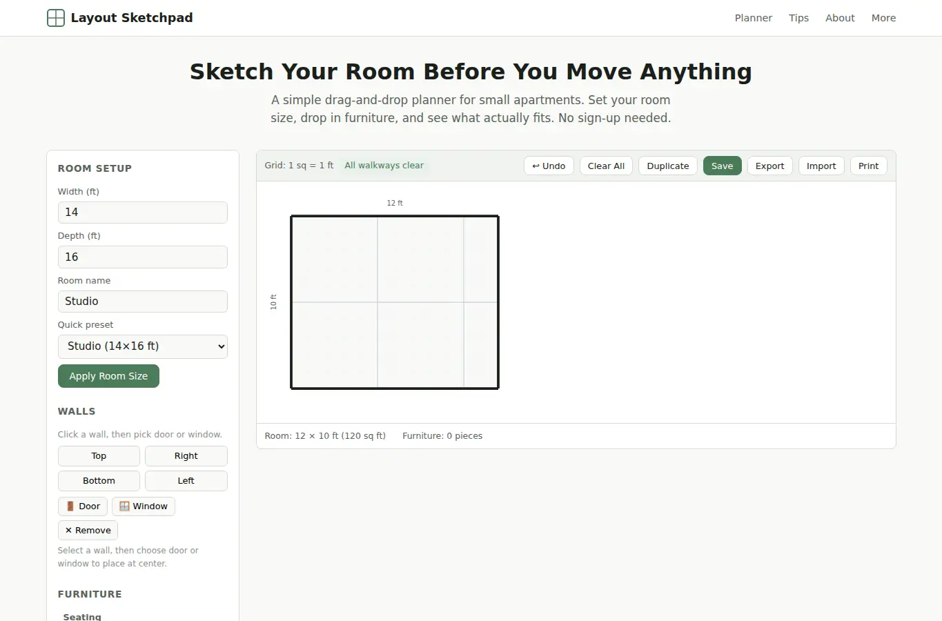 Screenshot of Small-Space Furniture Layout Sketchpad interface showing the project page in use